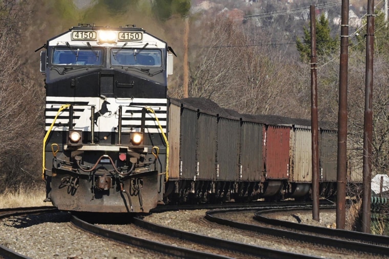A Norfolk Southern freight train passes through Homestead, Pa., on March 12, 2025.